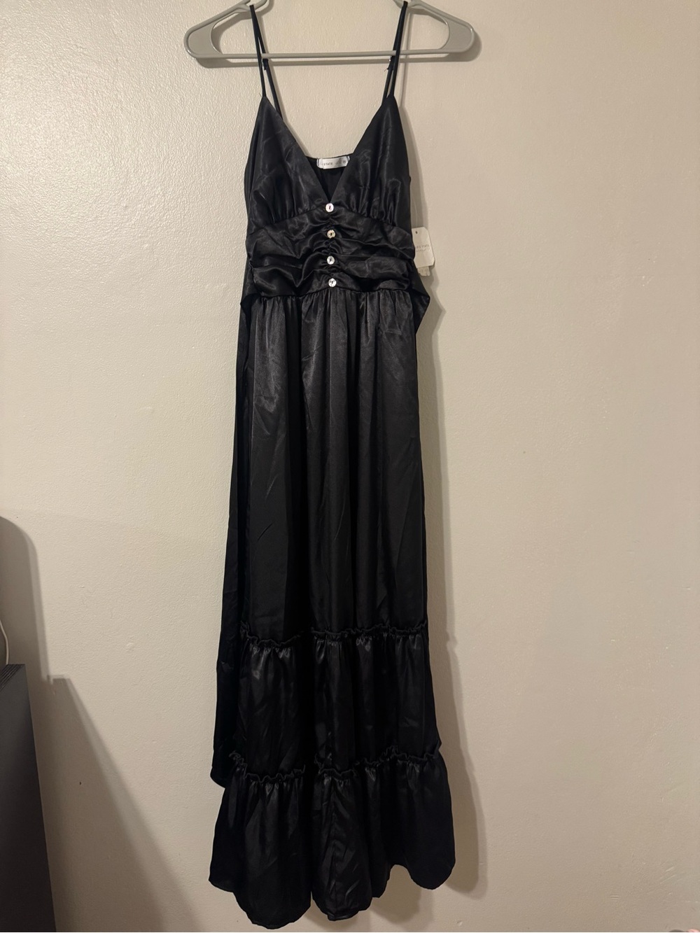 Altar'd State Black Satin Maxi Dress with Spaghetti Straps